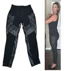 BEBE black faux leather mesh cut-out design high-rise legging pants Sz M RARE!